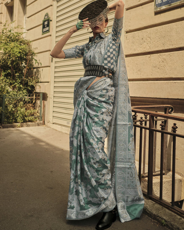 Moss Green Organza Lucknowi Handloom Weaving Saree