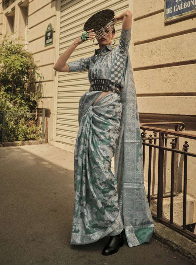 Moss Green Organza Lucknowi Handloom Weaving Saree