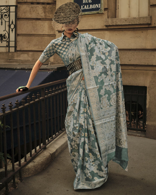 Moss Green Organza Lucknowi Handloom Weaving Saree