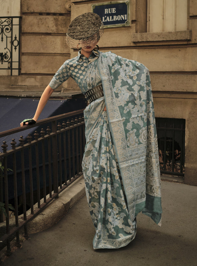 Moss Green Organza Lucknowi Handloom Weaving Saree