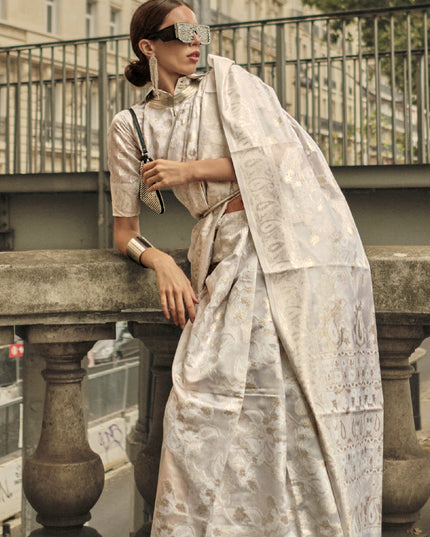 Pearl White Organza Lucknowi Handloom Weaving Saree