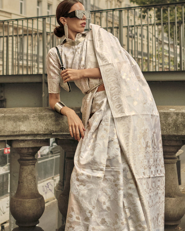 Pearl White Organza Lucknowi Handloom Weaving Saree