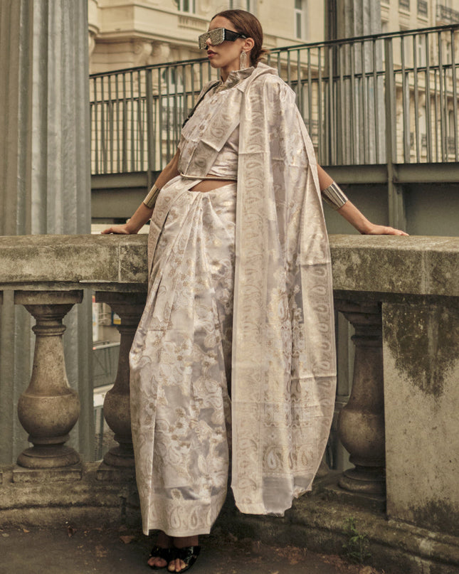 Pearl White Organza Lucknowi Handloom Weaving Saree