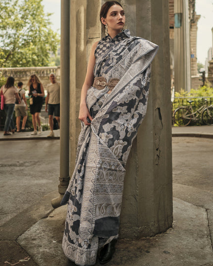 Charcoal Black Organza Lucknowi Handloom Weaving Saree