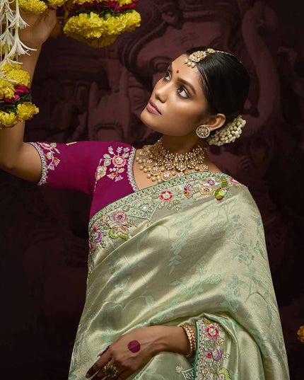 Striking Pastel Mint Pure Banarasi Kanjivaram Saree for Wedding