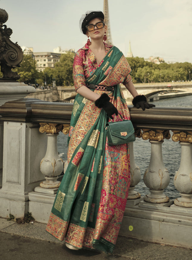 Green Kashmiri Handloom Woven Saree