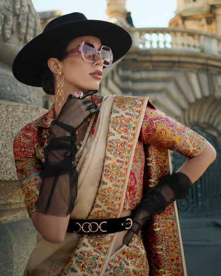 Beige Kashmiri Handloom Woven Saree