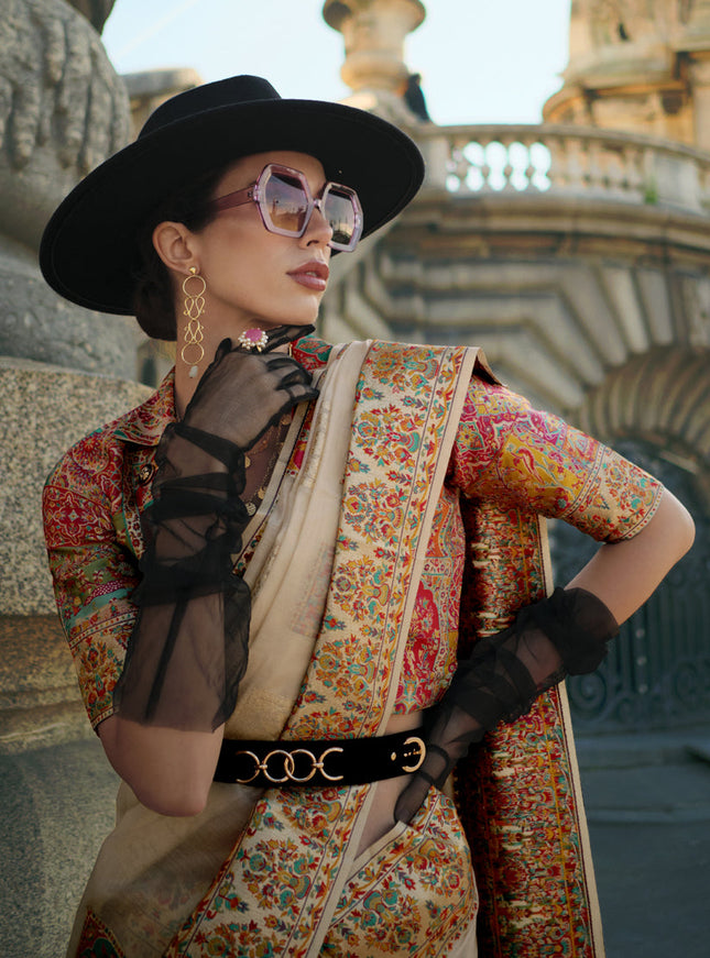 Beige Kashmiri Handloom Woven Saree