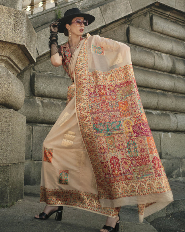 Beige Kashmiri Handloom Woven Saree