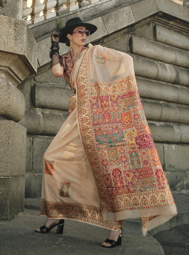 Beige Kashmiri Handloom Woven Saree