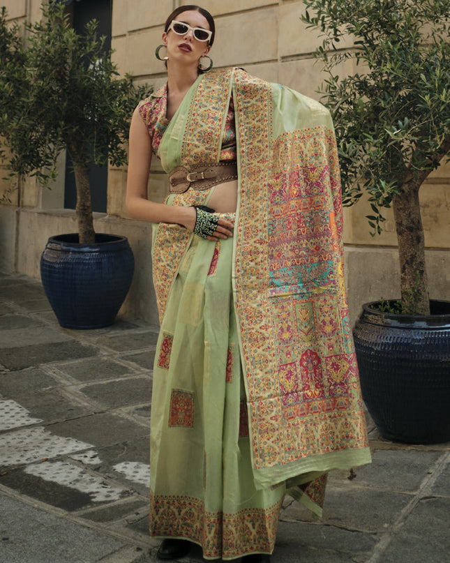 Pista Green Kashmiri Handloom Woven Saree