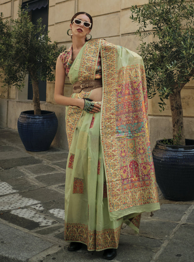 Pista Green Kashmiri Handloom Woven Saree