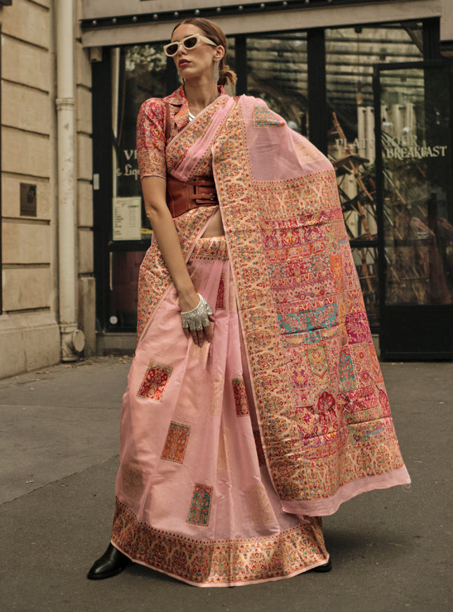 Peach Kashmiri Handloom Woven Saree