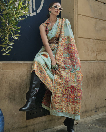 Mint Blue Kashmiri Handloom Woven Saree