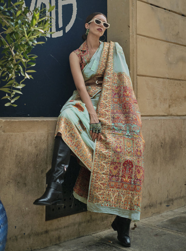 Mint Blue Kashmiri Handloom Woven Saree