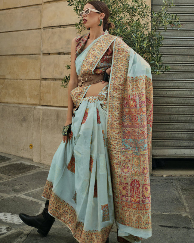 Mint Blue Kashmiri Handloom Woven Saree