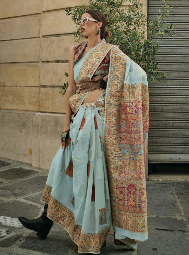 Mint Blue Kashmiri Handloom Woven Saree