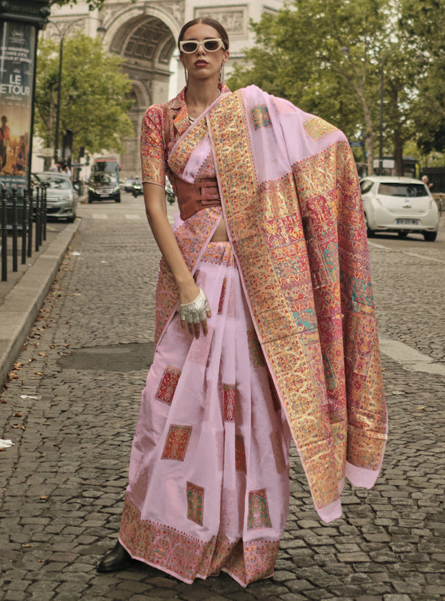 Pink Kashmiri Handloom Woven Saree