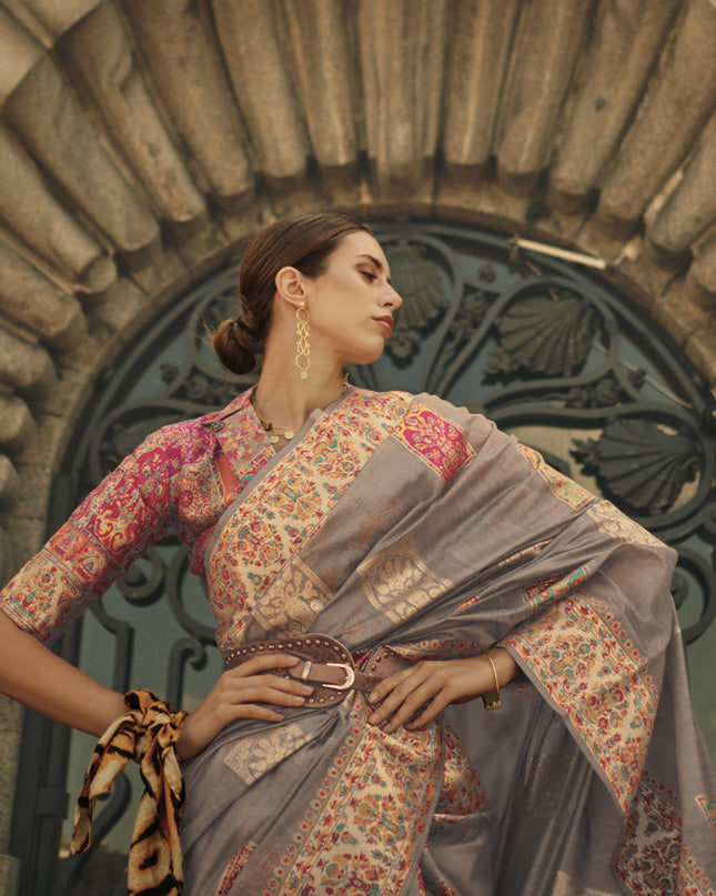 Dusty Beige Kashmiri Handloom Woven Saree