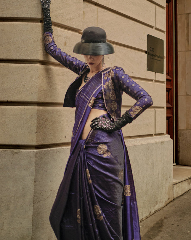 Eggplant Satin Zari Woven Saree