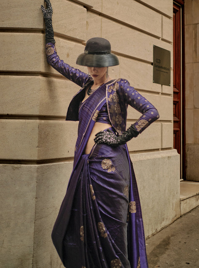 Eggplant Satin Zari Woven Saree