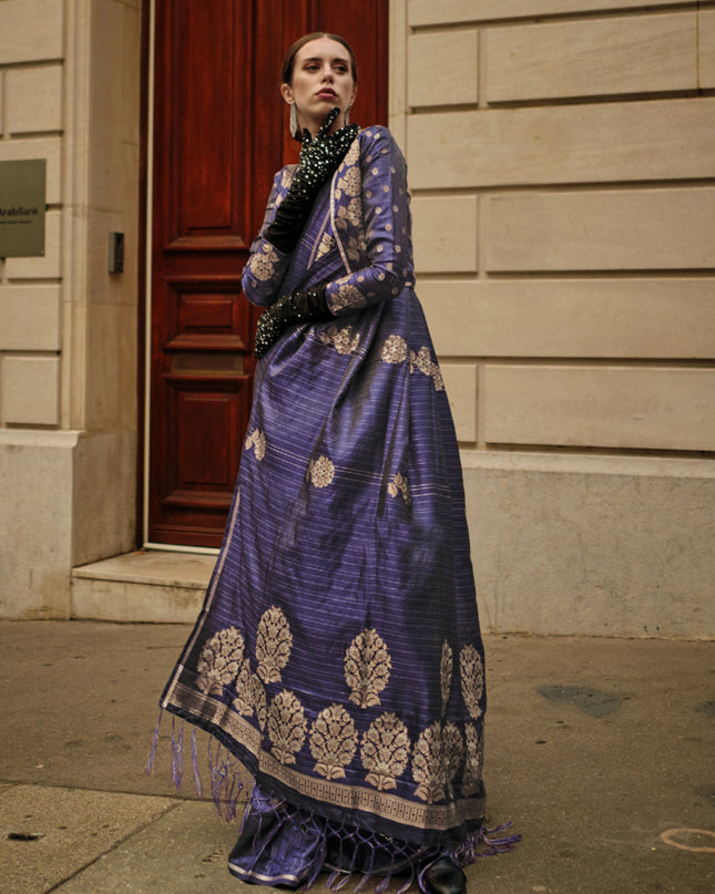 Eggplant Satin Zari Woven Saree