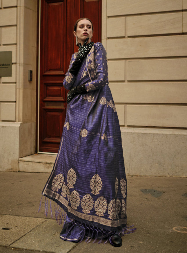 Eggplant Satin Zari Woven Saree