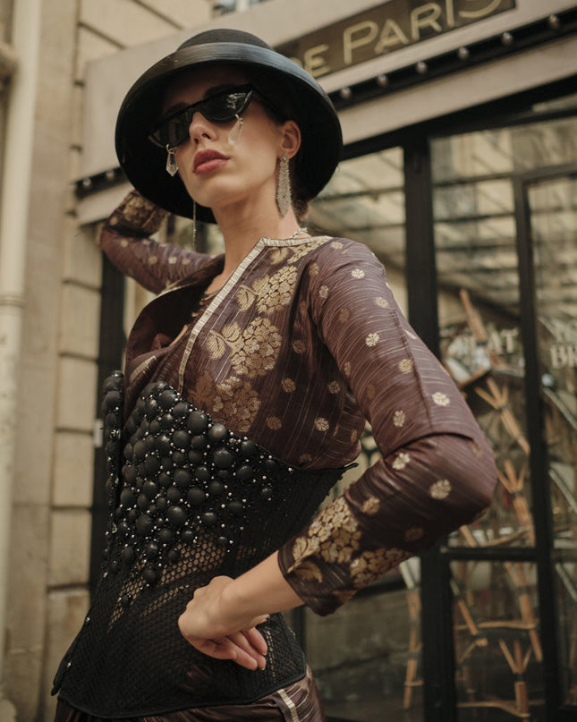 Coffee Brown Satin Zari Woven Saree