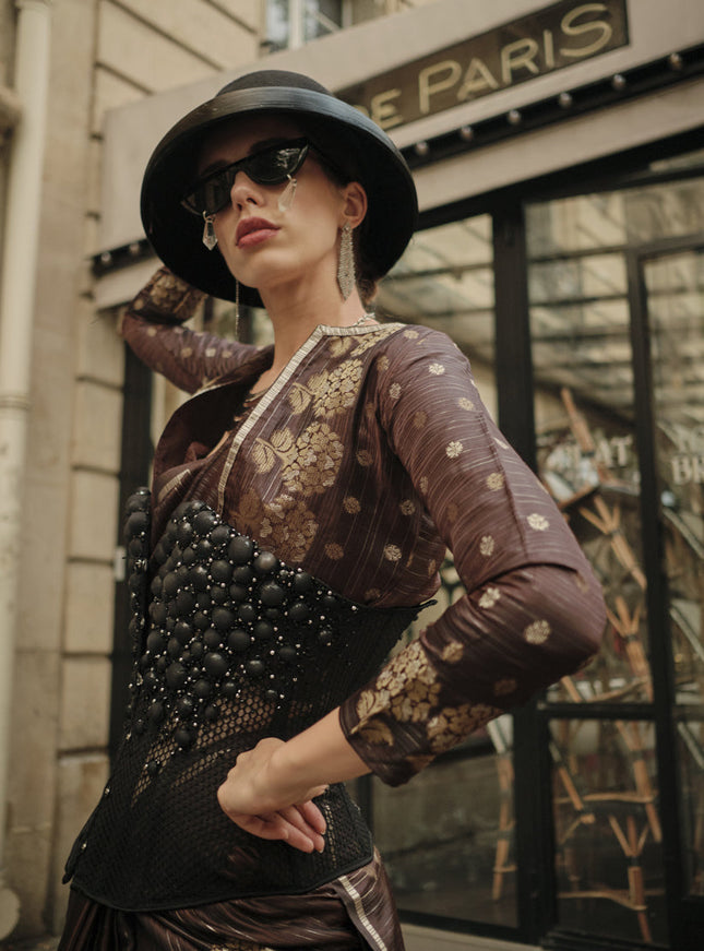 Coffee Brown Satin Zari Woven Saree