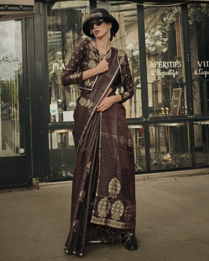 Coffee Brown Satin Zari Woven Saree