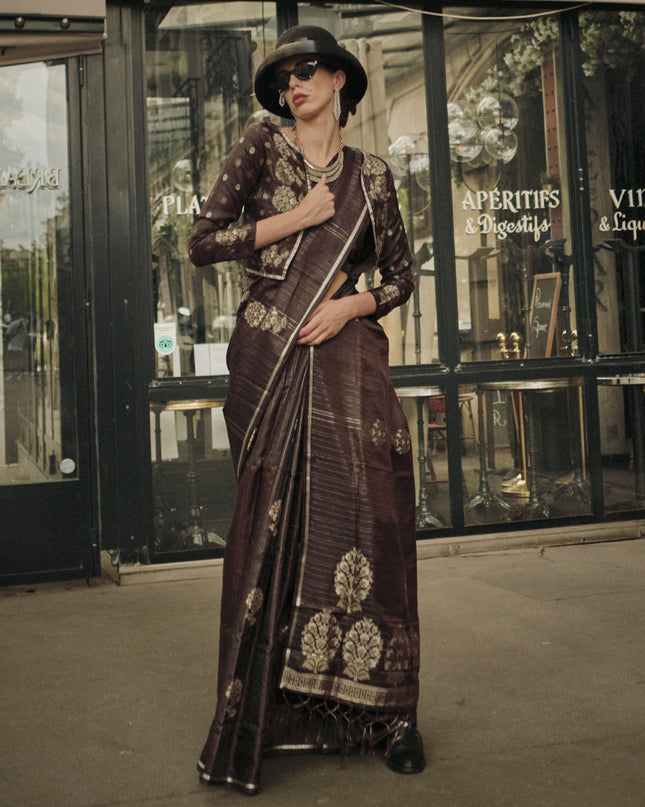 Coffee Brown Satin Zari Woven Saree