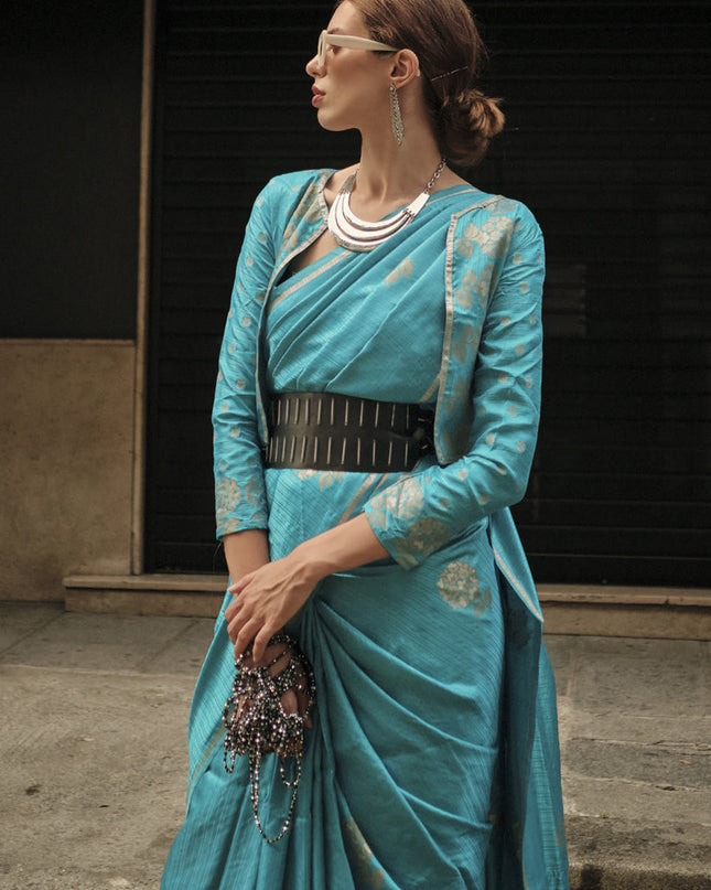 Azure Blue Satin Zari Woven Saree