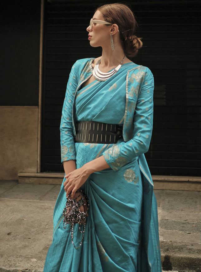Azure Blue Satin Zari Woven Saree