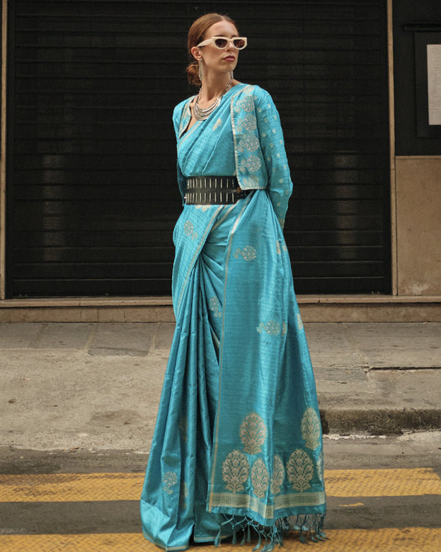 Azure Blue Satin Zari Woven Saree