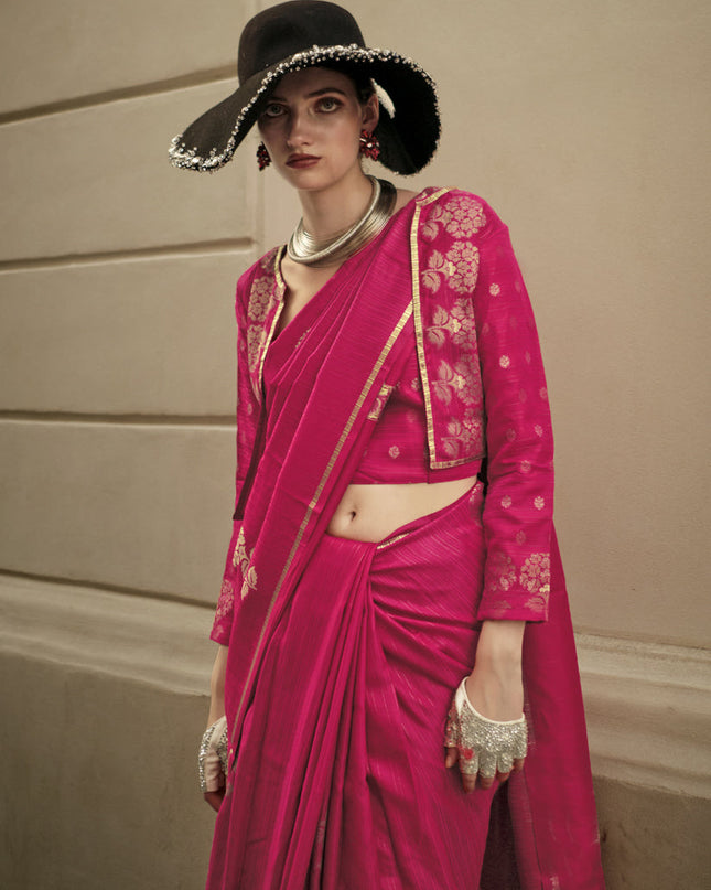 Rani Pink Satin Zari Woven Saree