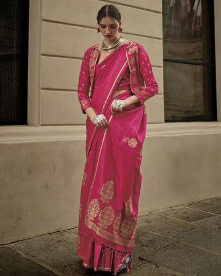 Rani Pink Satin Zari Woven Saree