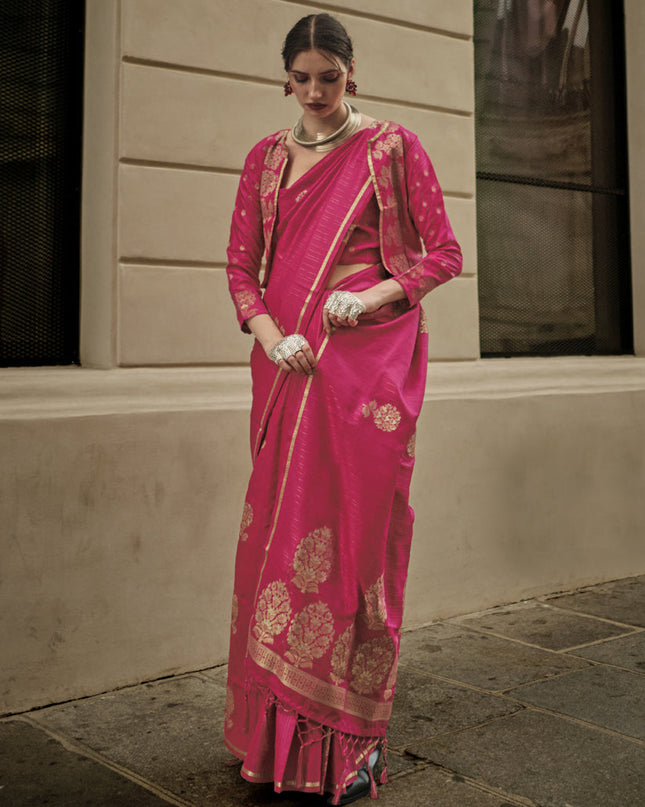 Rani Pink Satin Zari Woven Saree