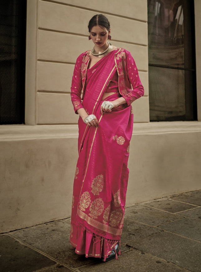 Rani Pink Satin Zari Woven Saree