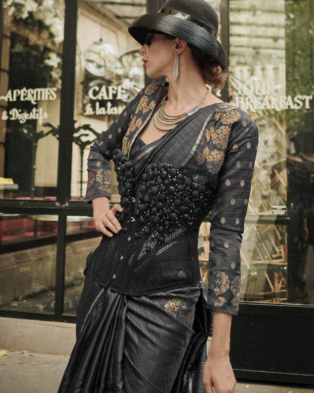 Black Satin Zari Woven Saree