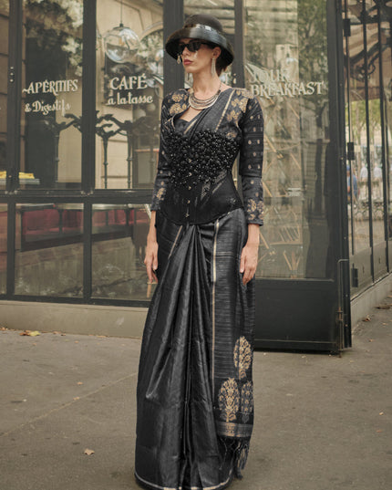 Black Satin Zari Woven Saree
