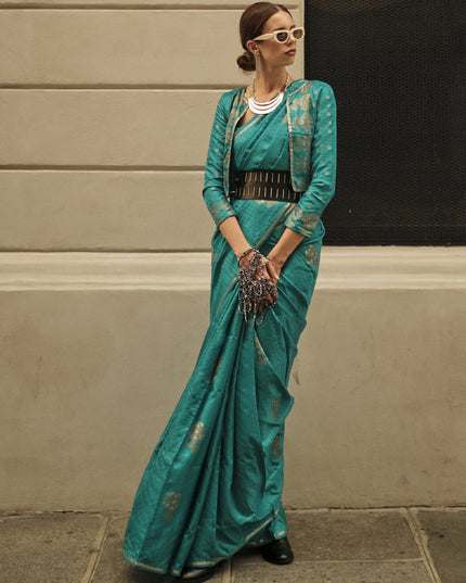 Rama Green Satin Zari Woven Saree