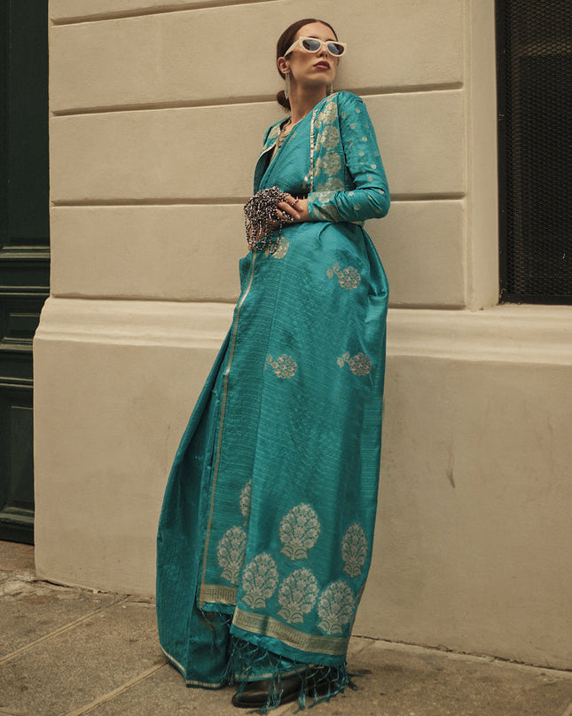 Rama Green Satin Zari Woven Saree