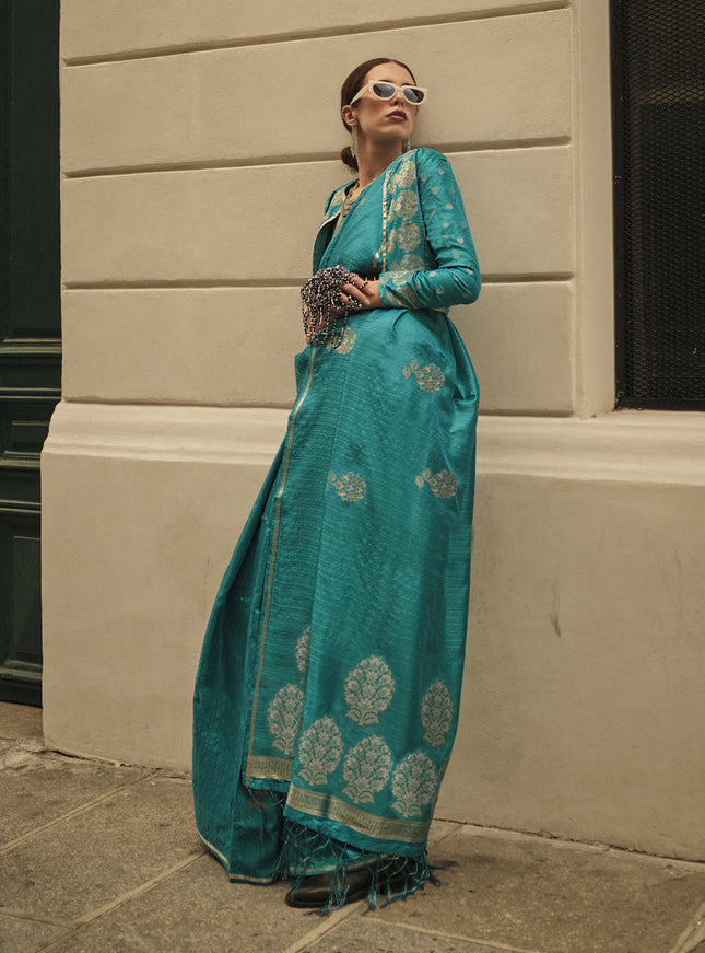 Rama Green Satin Zari Woven Saree