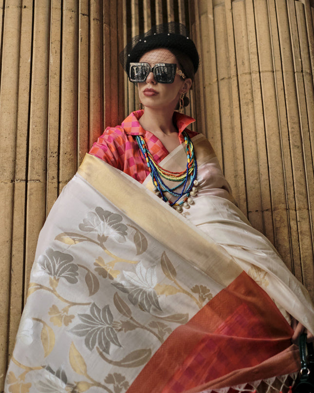 Off White Soft Silk Handloom Woven Saree