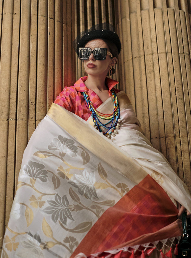 Off White Soft Silk Handloom Woven Saree