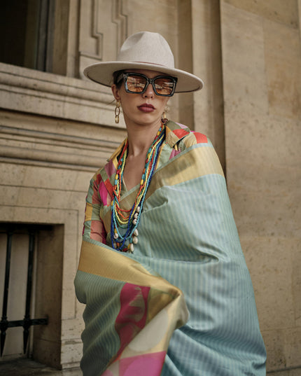 Dusty Blue Soft Silk Handloom Woven Saree