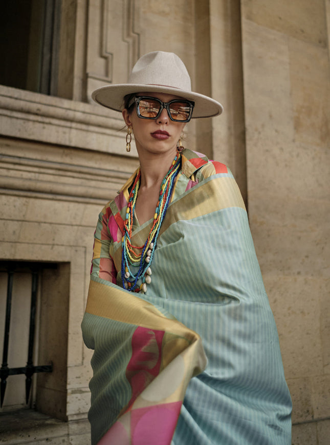 Dusty Blue Soft Silk Handloom Woven Saree