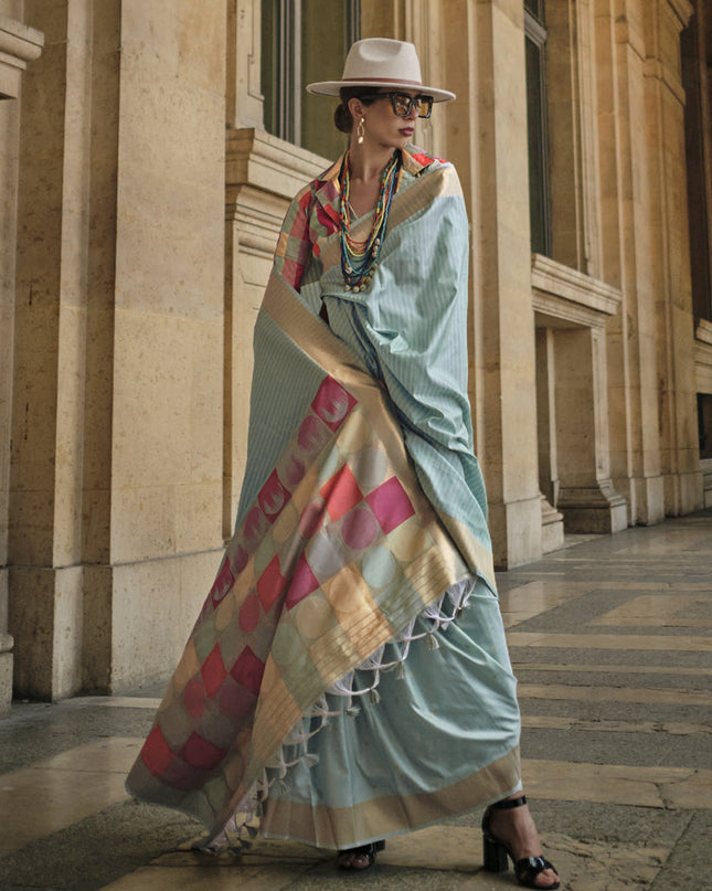 Dusty Blue Soft Silk Handloom Woven Saree