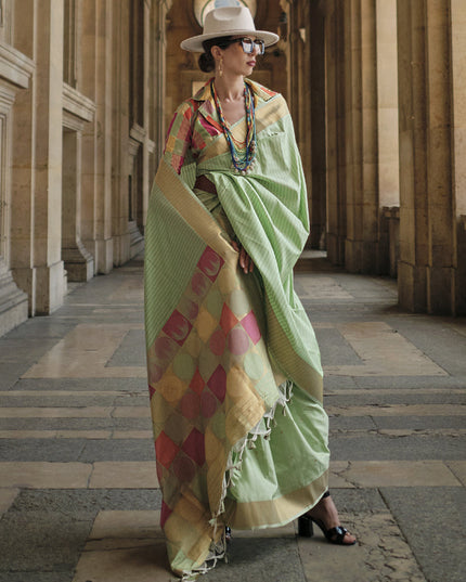 Parrot Green Soft Silk Handloom Woven Saree