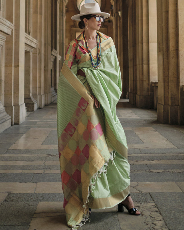 Parrot Green Soft Silk Handloom Woven Saree
